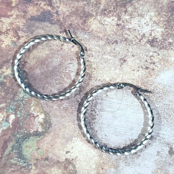Silver Surgical Stainless Steel Round Twisted 35mm Minimalist Hoop Earrings - Picture 4 of 9